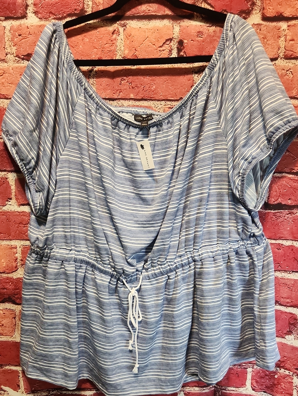 Lane Bryant Light Blue & White Striped Drawstring Peplum Blouse
